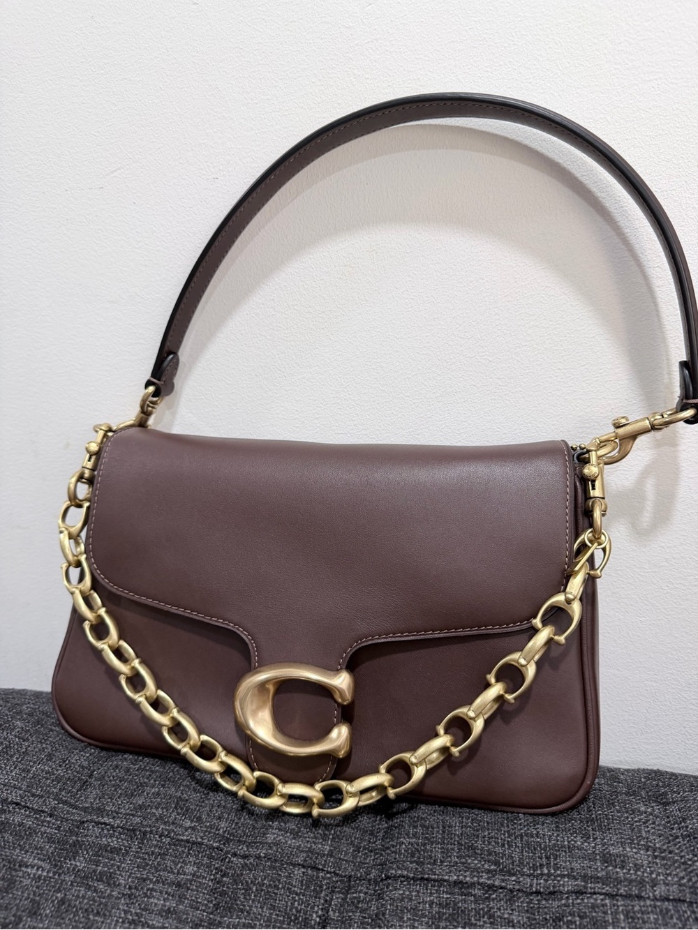Coach Chocolate Brown Leather Shoulder Bag with Gold Chain